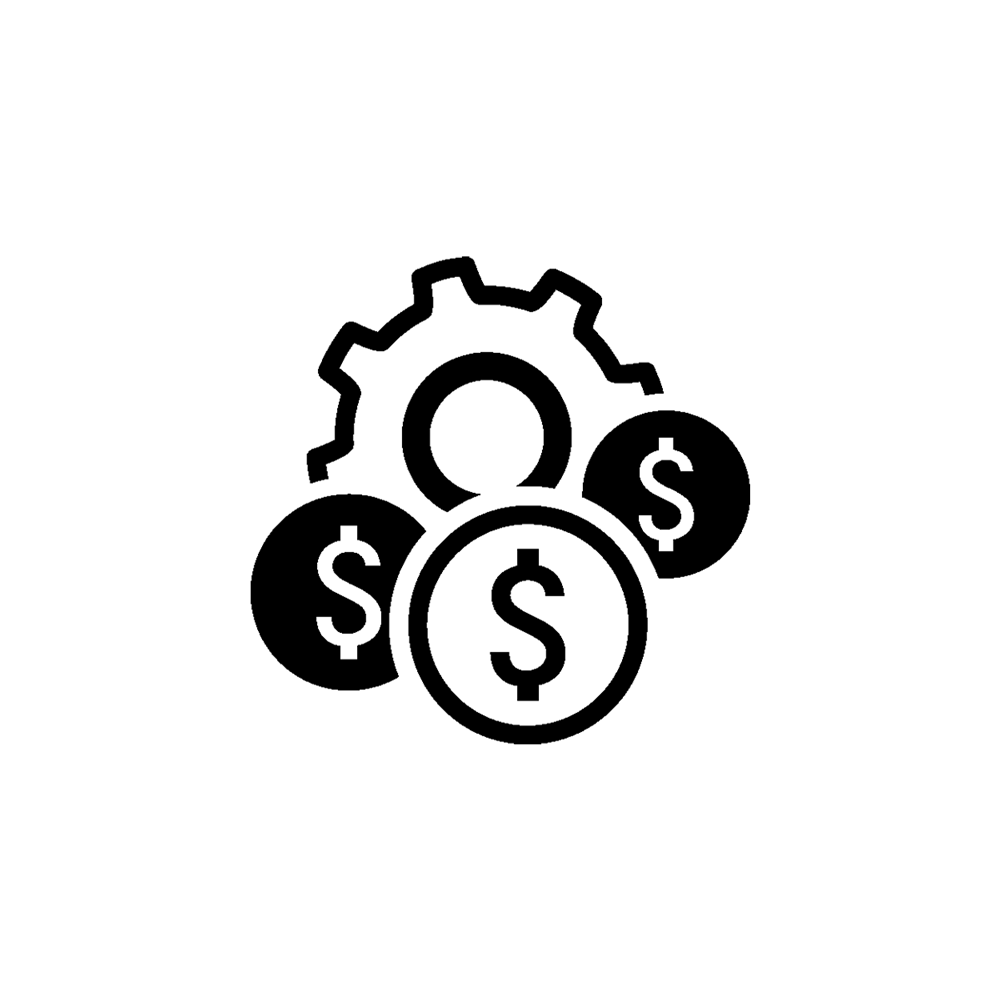 An icon of a gear with dollar symbols around