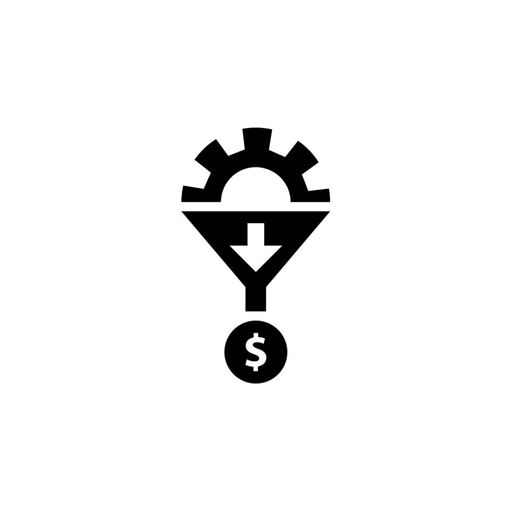 An icon that depicts a gear through funnel turned into dollar or money