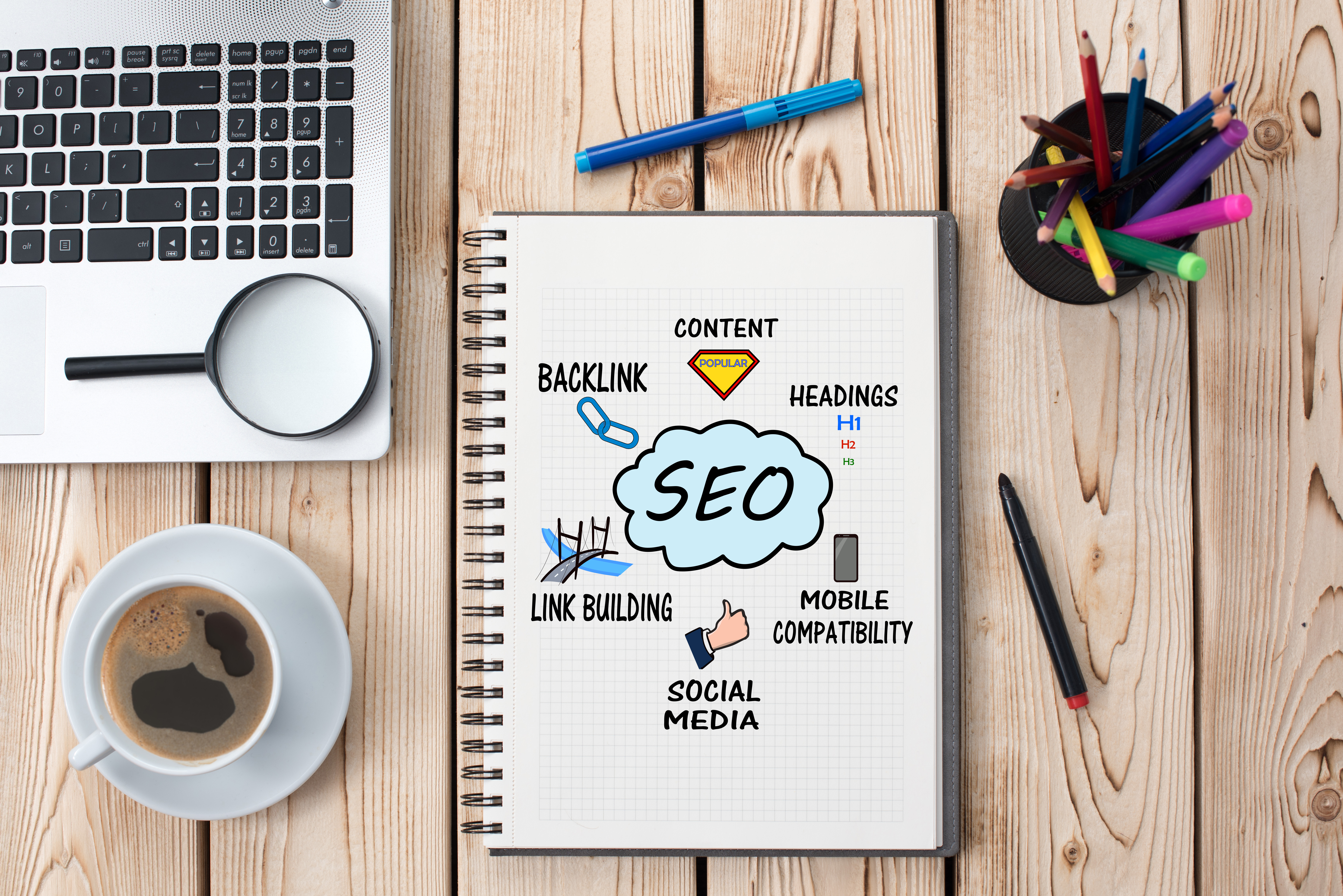 A paper notebook with ideas about search engine optimization